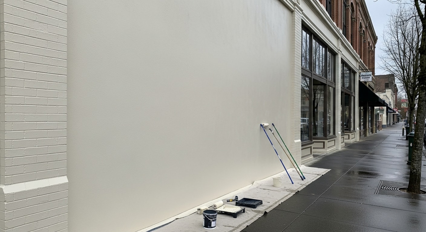 Commercial painter applying paint to office building exterior