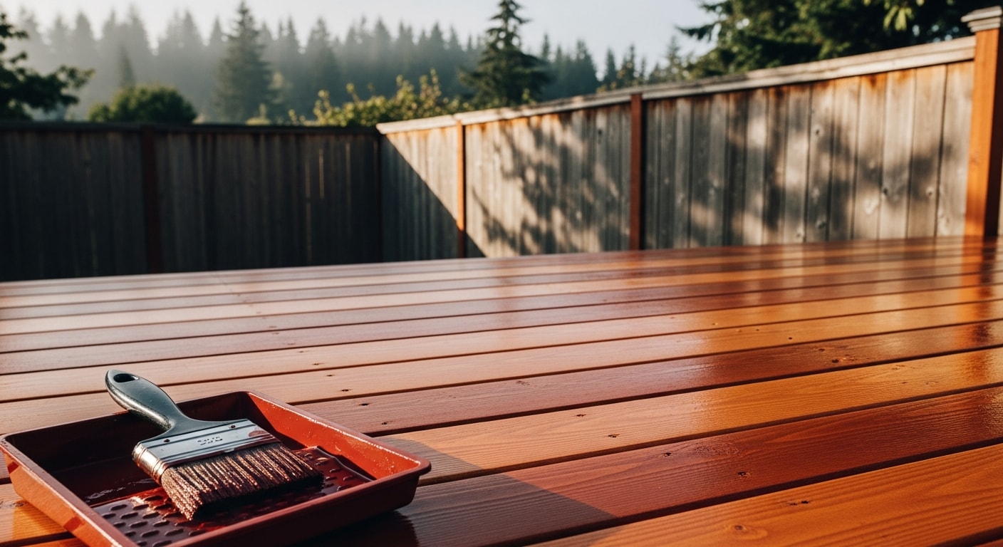 Professional deck staining applied to residential wooden deck