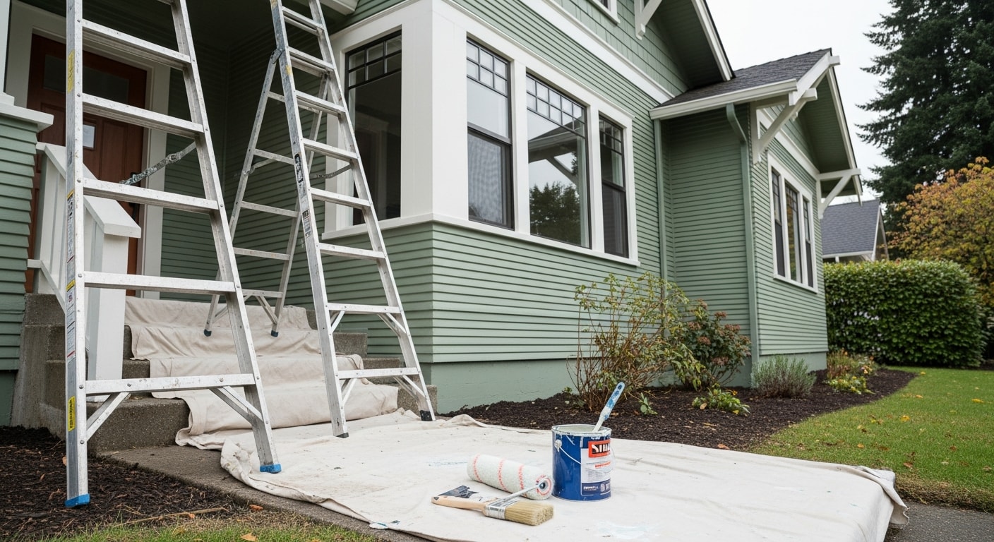Professional house painter applying exterior paint to residential home