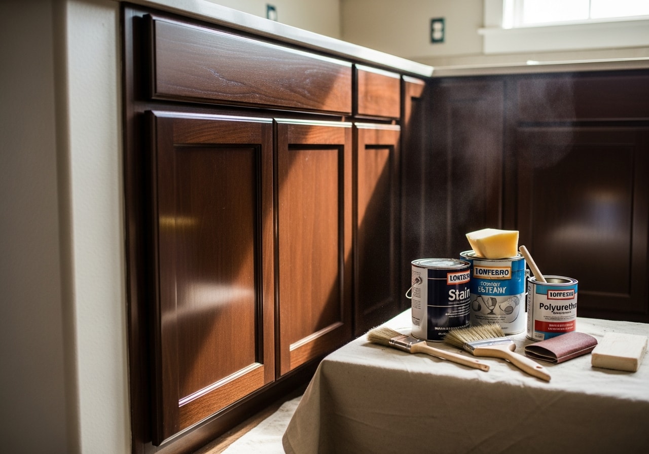 Espresso-stained kitchen cabinets with new hardware and polyurethane finish in West Linn home