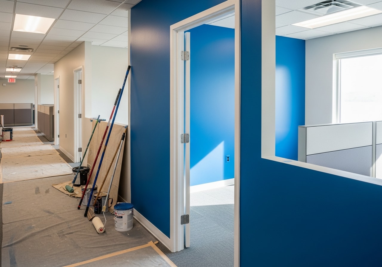 Modern office hallway with corporate blue accent wall and white trim in Camas commercial space