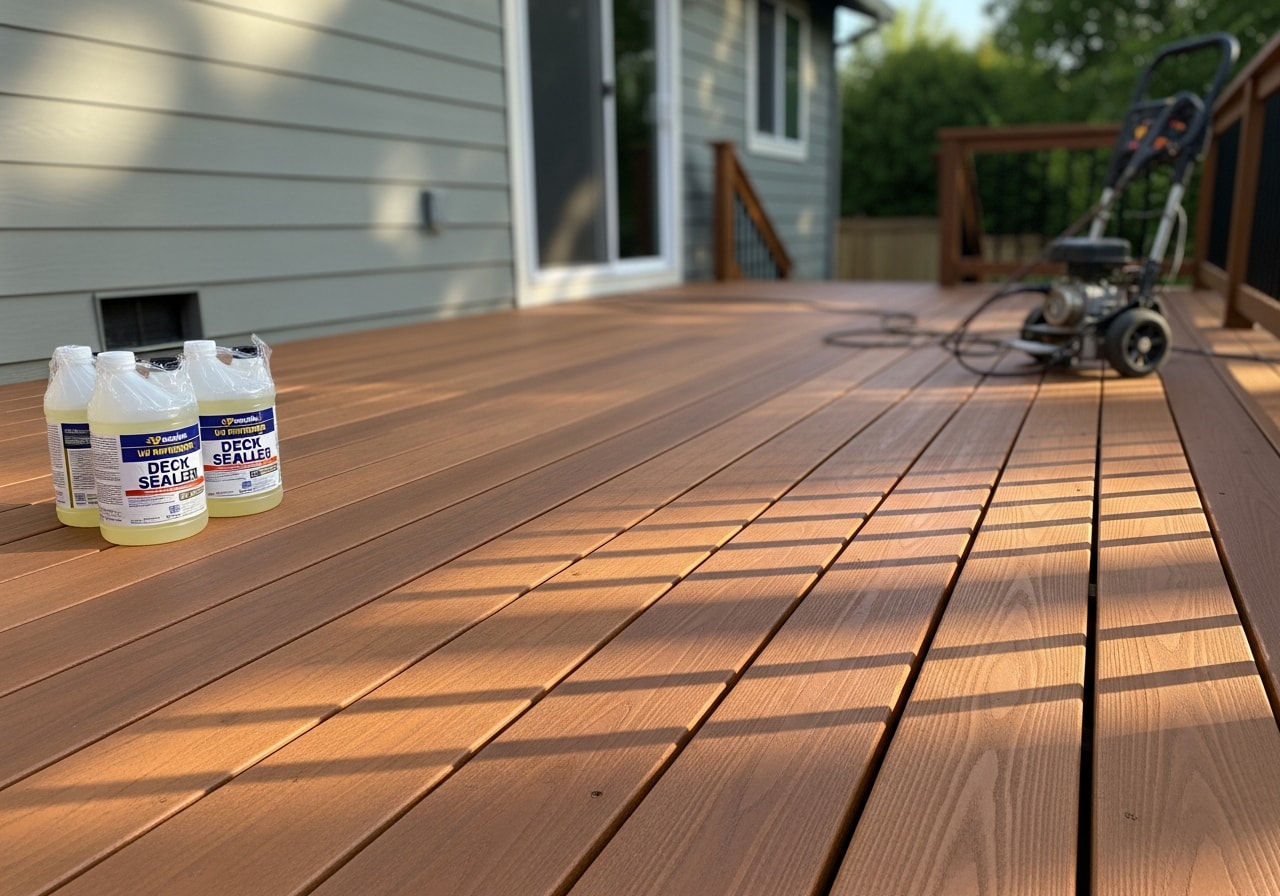 Cedar-stained composite deck with sealed finish overlooking backyard in Gresham