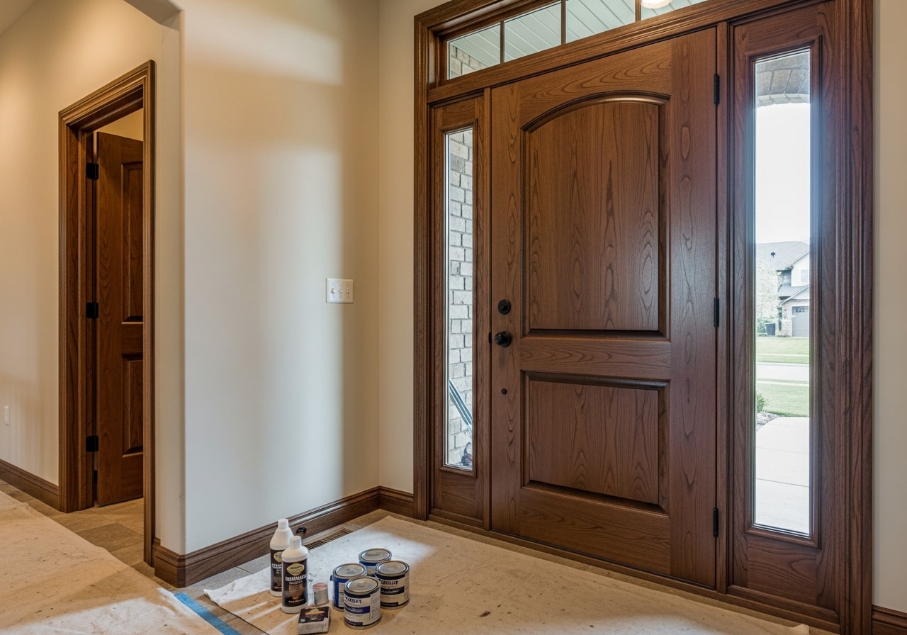Dark walnut-stained front entry door with matching trim and sidelights in Wilsonville home