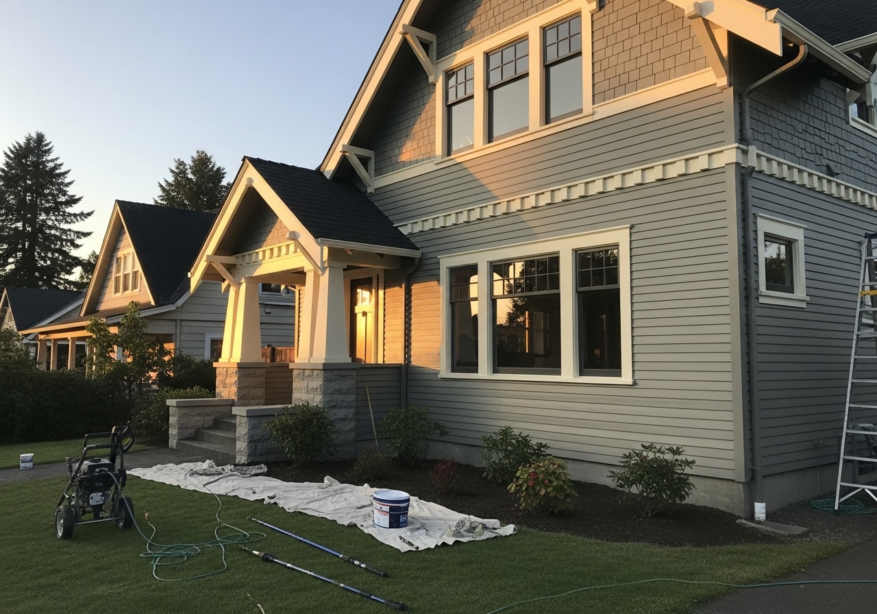 Freshly painted gray and cream Craftsman home exterior in Happy Valley with manicured landscaping