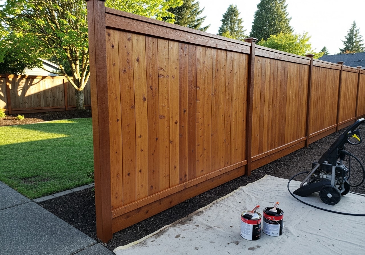 Walnut-stained cedar privacy fence along residential property line in Ridgefield