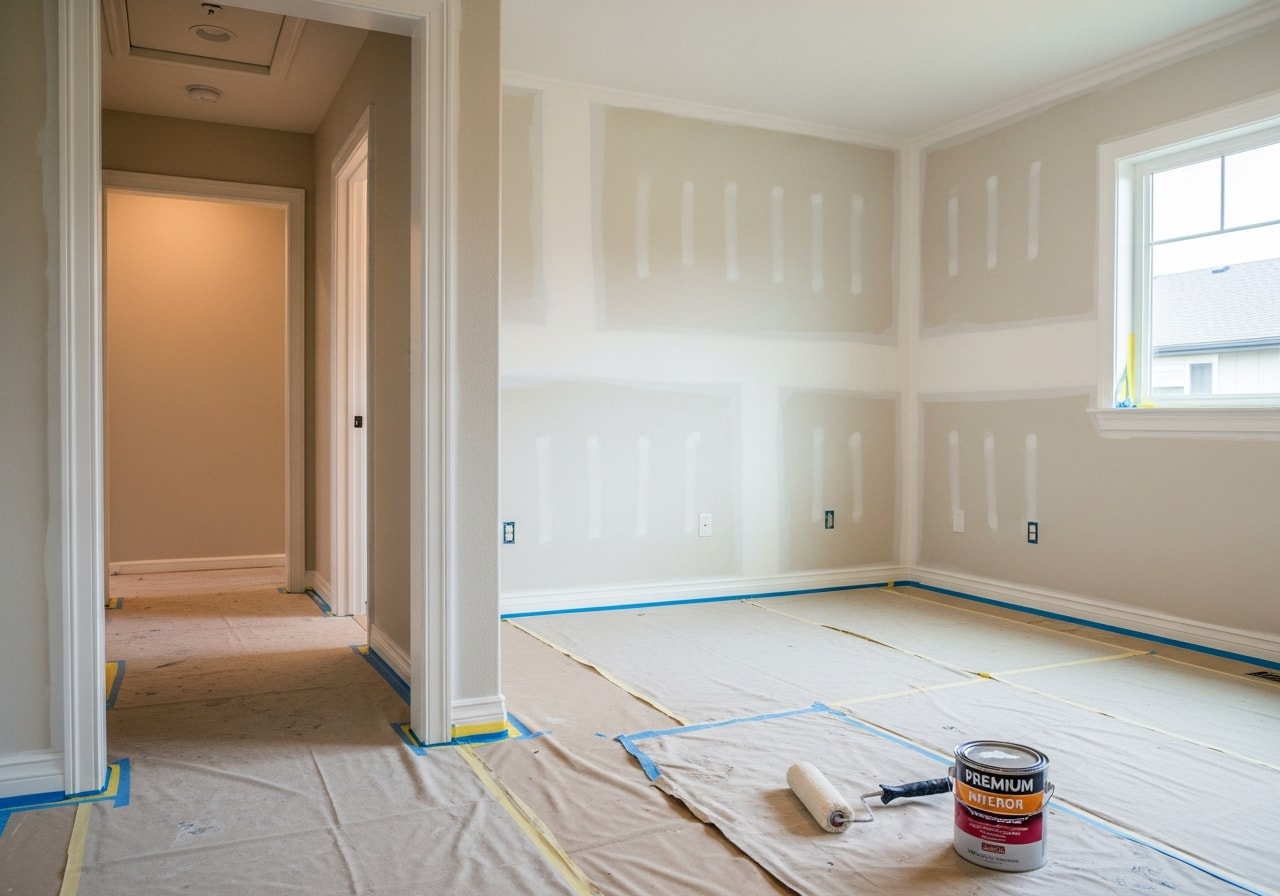 Freshly painted neutral-toned bedroom with white trim and soft lighting in Lake Oswego home