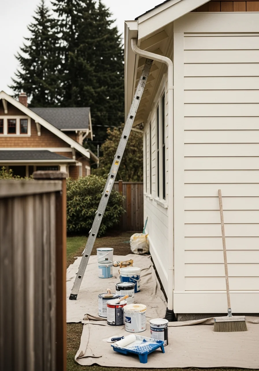 Professional house painter applying exterior paint to residential home in Camas, WA