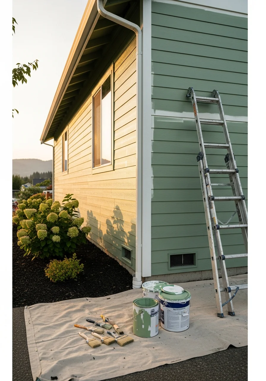 Professional exterior house painting service on Happy Valley home with mountain views
