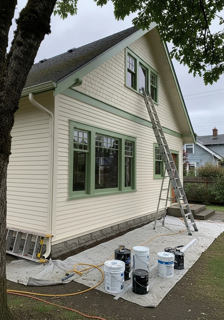 Professional house painter applying exterior paint to Oregon City residential home