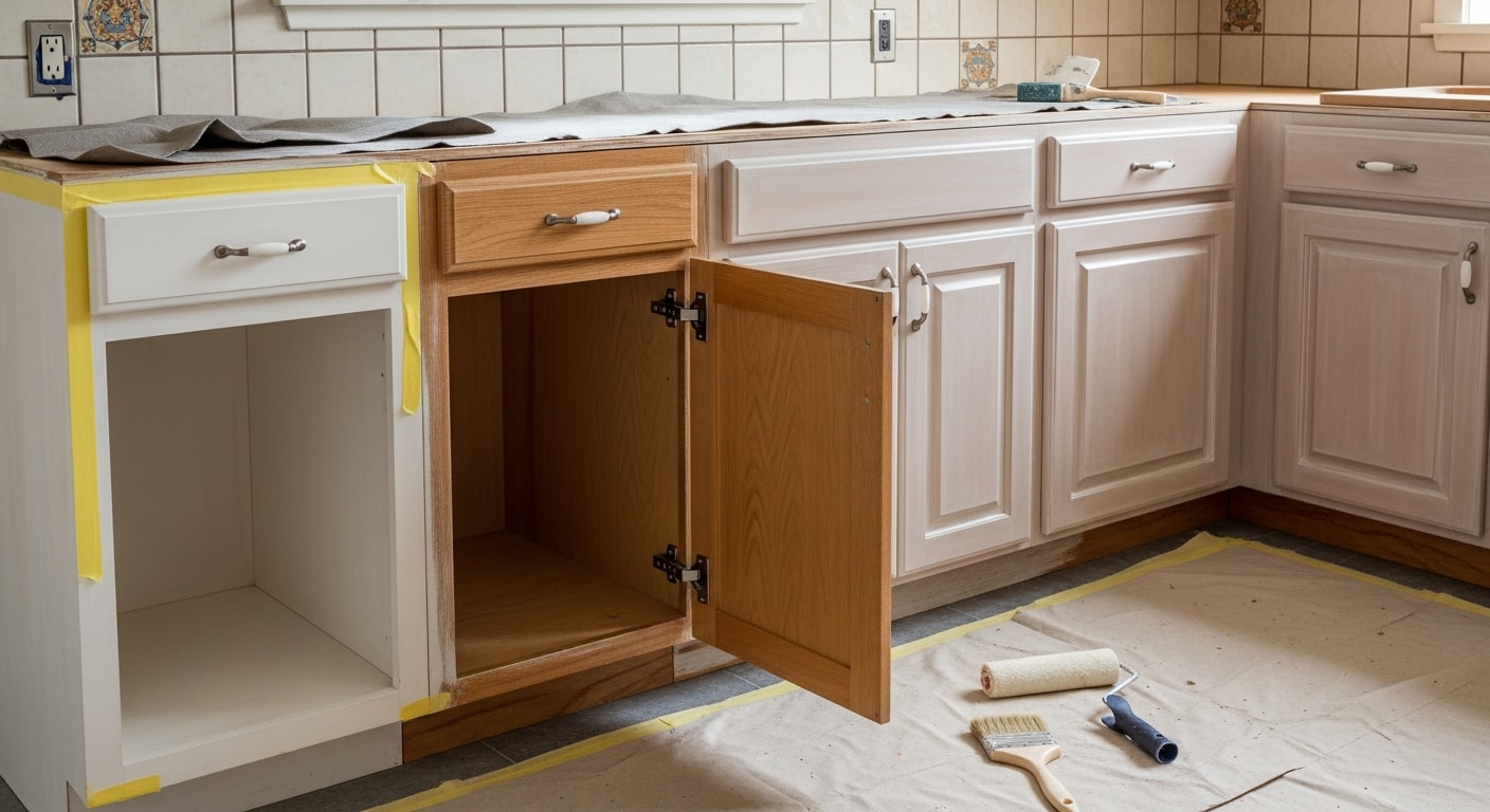 Freshly painted white kitchen cabinets with clean lines inside a Happy Valley single-family home, showing smooth finish coat on doors and drawer fronts after professional refinishing. Close-up view highlights the even surface texture and sharp edges typical of a spray-applied cabinet painting service.