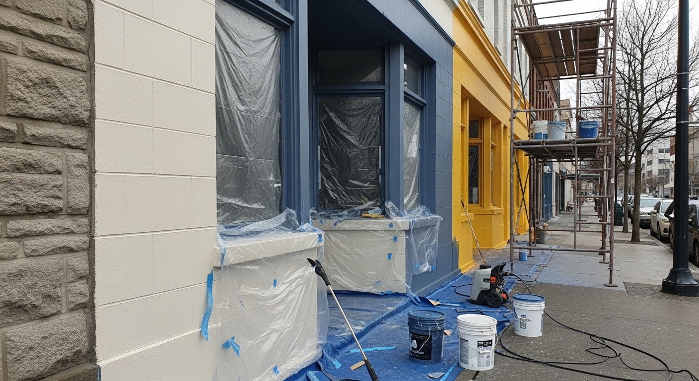 A freshly painted commercial office building exterior in Happy Valley, Oregon, showing clean masonry walls and crisp trim lines after professional coating application. The building sits along a commercial corridor typical of the Happy Valley Town Center area.