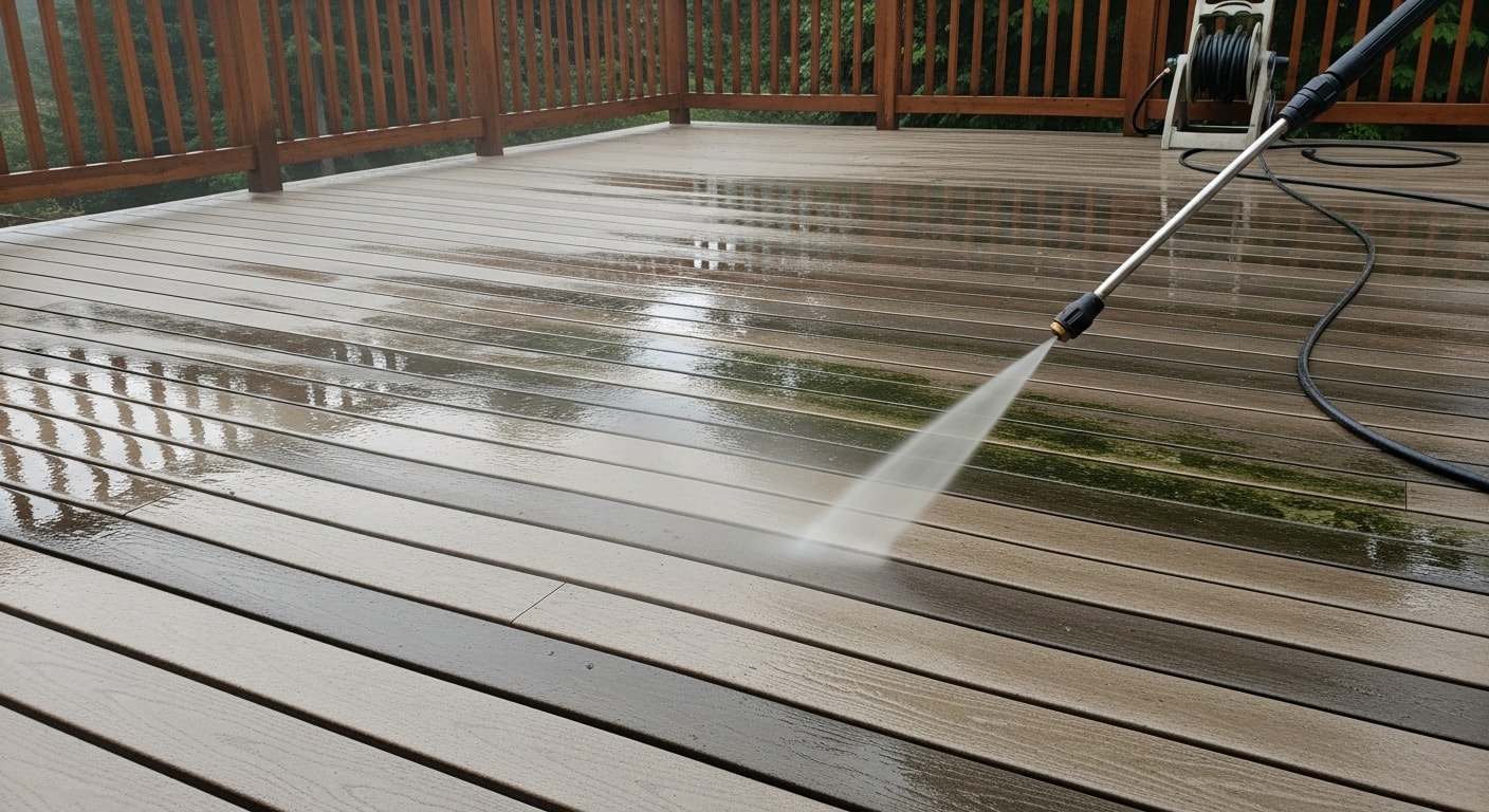 A Happy Valley, OR residential deck after pressure washing, showing clean wood boards and railings free of moss, algae, and dirt staining. The deck sits behind a Pacific Northwest home with tree coverage visible in the background.