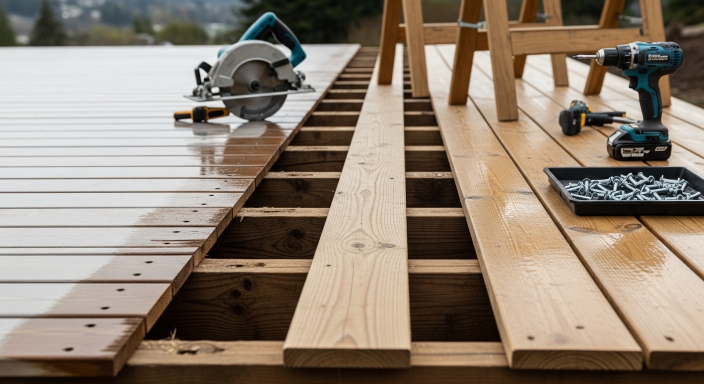 A repaired residential deck in Happy Valley, Oregon with replaced boards and secured railings on an elevated hillside lot. Close-up view shows fresh wood boards flush with the existing deck surface alongside a newly tightened post-and-rail section.
