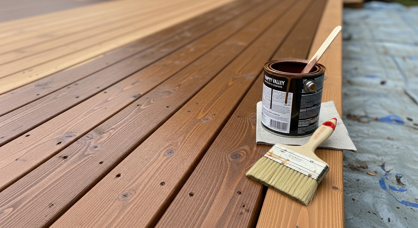 A freshly stained wood deck on a single-family home in Happy Valley, Oregon, with even color coverage across all boards and clean edges along the railing. The deck overlooks a residential backyard typical of the Sunnyside neighborhood.
