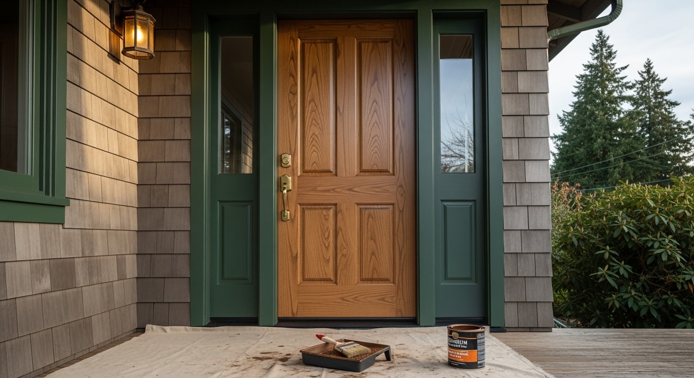 A freshly painted deep charcoal front door on a single-family home in Happy Valley, Oregon, with clean trim and a smooth, even finish. The door shows no peeling or fading, with crisp edges where the painted surface meets the surrounding trim.