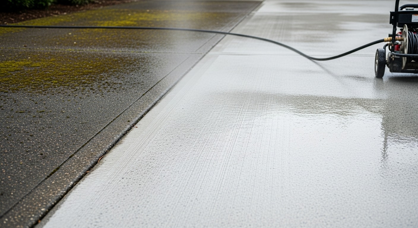 A Happy Valley, OR residential concrete driveway after professional pressure washing, showing a clean, moss-free surface with restored original color alongside a green lawn and suburban home exterior.
