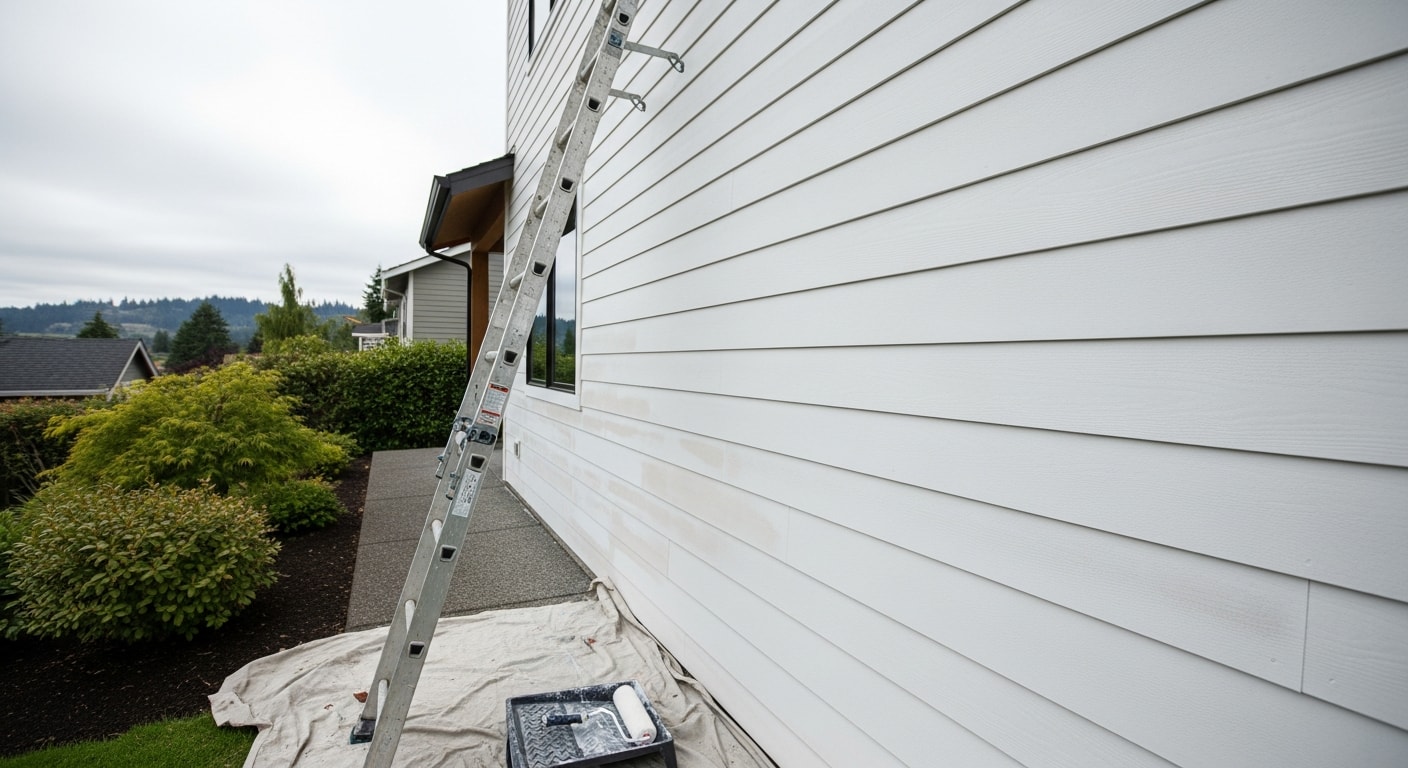 A freshly painted two-story single-family home in Happy Valley, Oregon, with clean white trim and neutral siding against a backdrop of green hillside landscaping. A Jmz painter applies a final coat to the exterior fascia board on a clear Pacific Northwest afternoon.