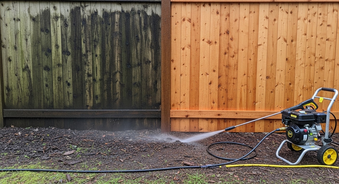 A residential wood fence in Happy Valley, Oregon shown after professional pressure washing, with clean panels free of green algae and gray weathering. A pressure washing wand is visible mid-clean on one fence section, showing the contrast between dirty and freshly washed boards.