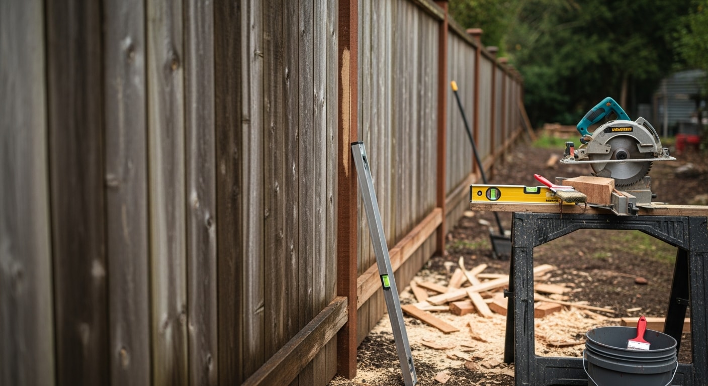 A repaired wooden privacy fence with a straightened post and replaced panel in a residential backyard in Happy Valley, Oregon. The fence line runs along a sloped suburban lot typical of the Sunnyside area.