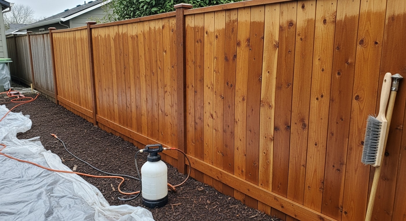 A freshly stained wood privacy fence in a Happy Valley, Oregon residential backyard, showing even color coverage on all boards. The fence runs along a landscaped yard with green plants visible at the base.