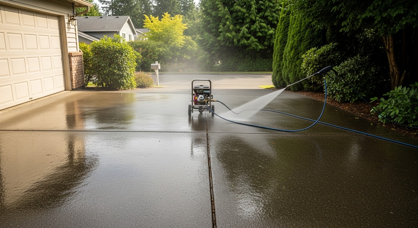 A Happy Valley, Oregon single-family home exterior after professional pressure washing, showing clean concrete driveway and moss-free siding. The front walkway and entry steps are visibly clear of algae and organic buildup.