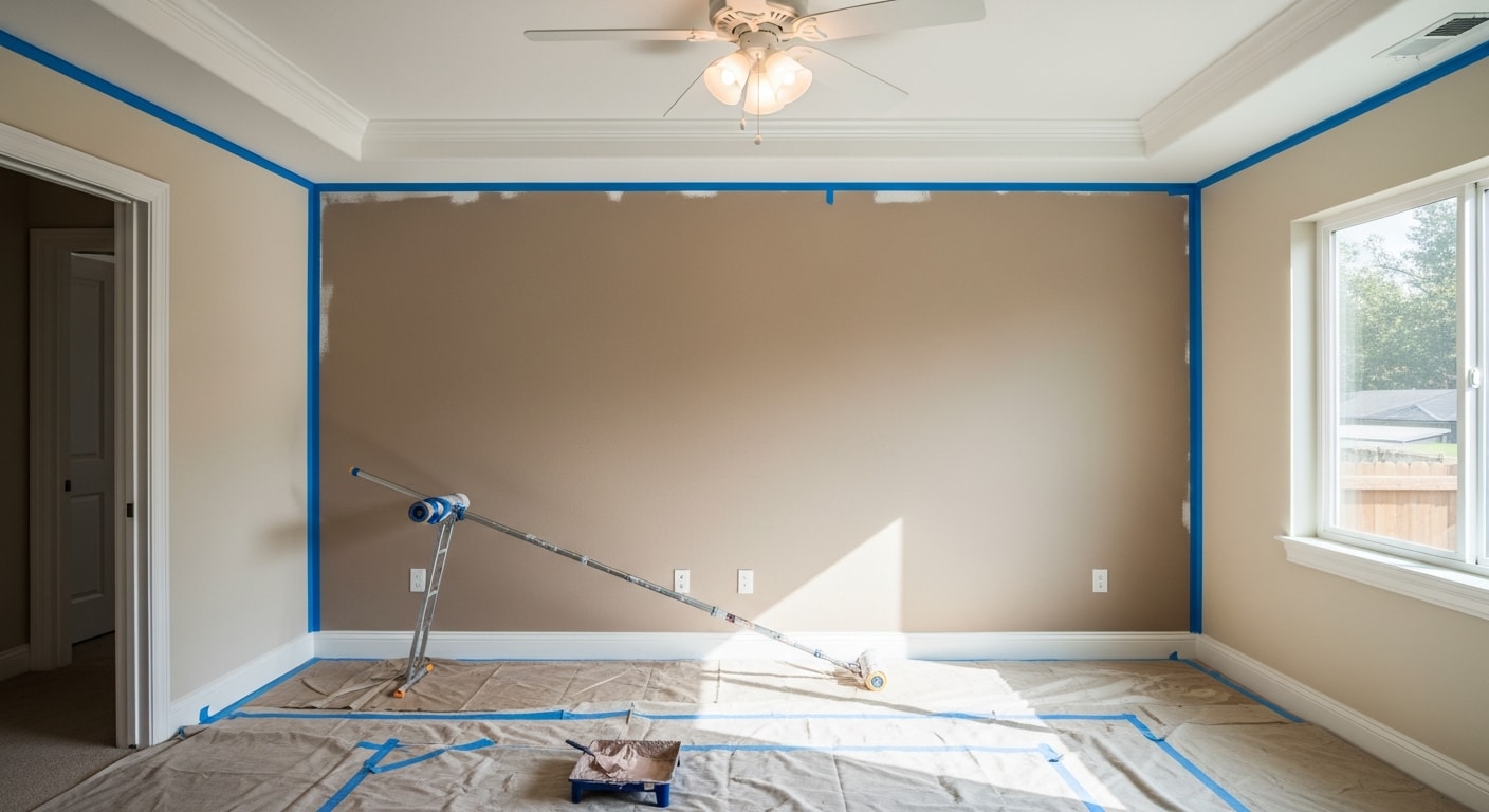 A freshly painted interior living room in a Happy Valley home, showing smooth walls in a warm neutral tone with clean trim lines and tall ceilings. A professional painter applies a second coat along the wall edge using a brush near the baseboard.