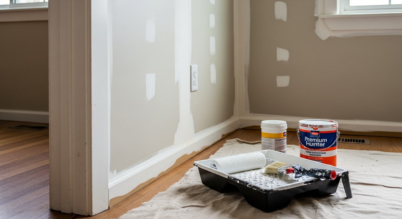 Interior of a Happy Valley single-family home with freshly painted white walls, clean trim, and patched surfaces ready for a new occupant. A paint roller and tray rest on a drop cloth in the foreground of an empty living room.