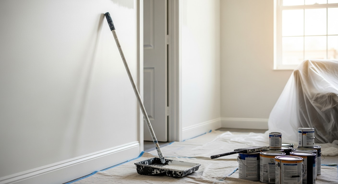 Freshly painted open-plan office interior in Happy Valley, OR, with clean white walls, painted trim, and covered workstations. A commercial painter applies a second coat to a wall beside a row of office windows.