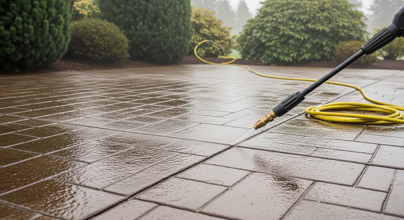 A residential patio in Happy Valley, Oregon, with concrete pavers cleaned of moss and algae staining, showing restored surface color after pressure washing. The outdoor space sits adjacent to a single-family home with green landscaping visible in the background.