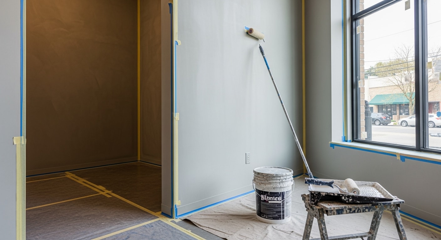 Interior of a freshly painted Happy Valley retail storefront showing clean white walls, sharp trim lines, and a polished checkout area. Commercial painter applying a second coat to a street-facing storefront wall in a Happy Valley mixed-use building.