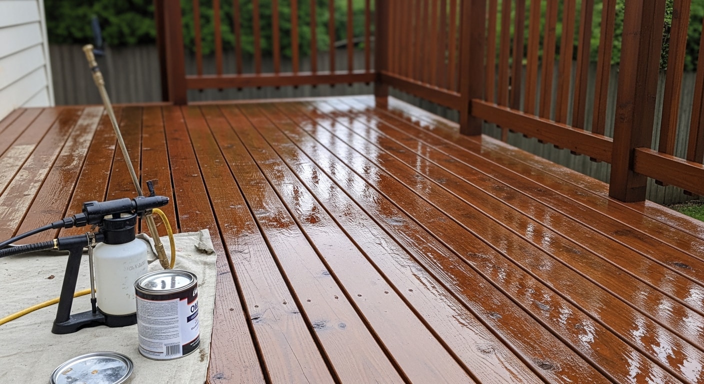 A freshly sealed wood deck in a Happy Valley backyard, showing even color and a clean water-resistant surface on the boards and railing. A wood fence along the property line shows the same sealed finish, with no visible weathering or gray discoloration.